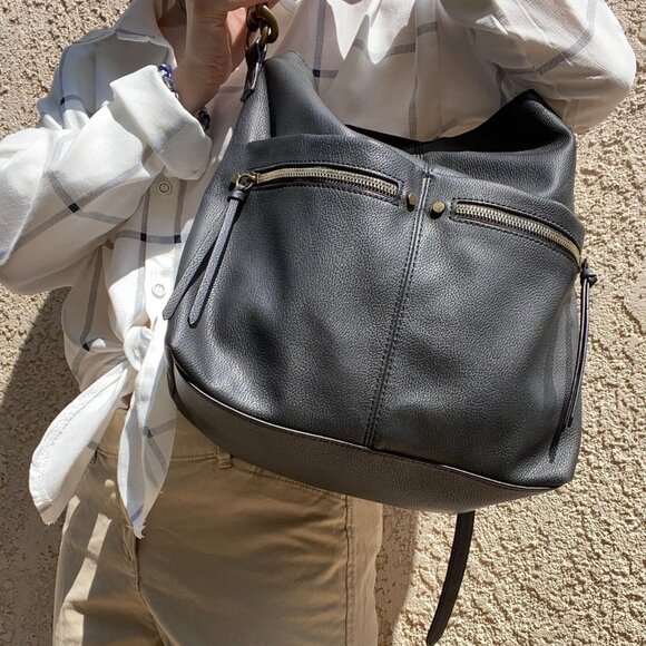 Slouchy Black Faux-Leather Shoulder Bag + Removable Adjustable Crossbody Strap - Picture 4 of 8